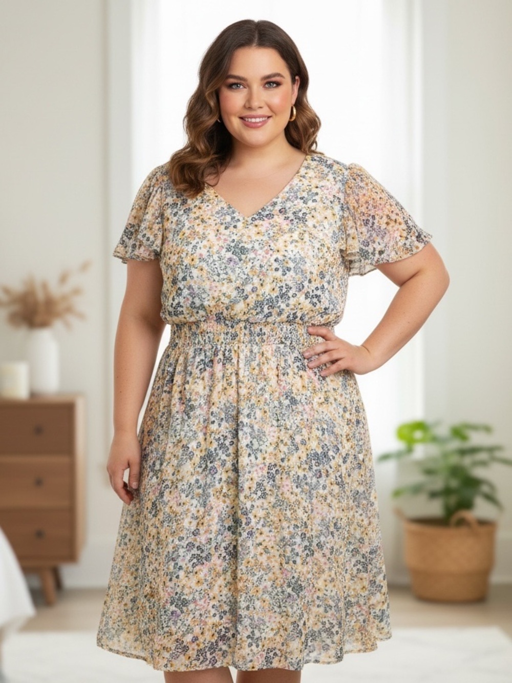 MSK Cream Midi Dress with Yellow & Blue Floral Print